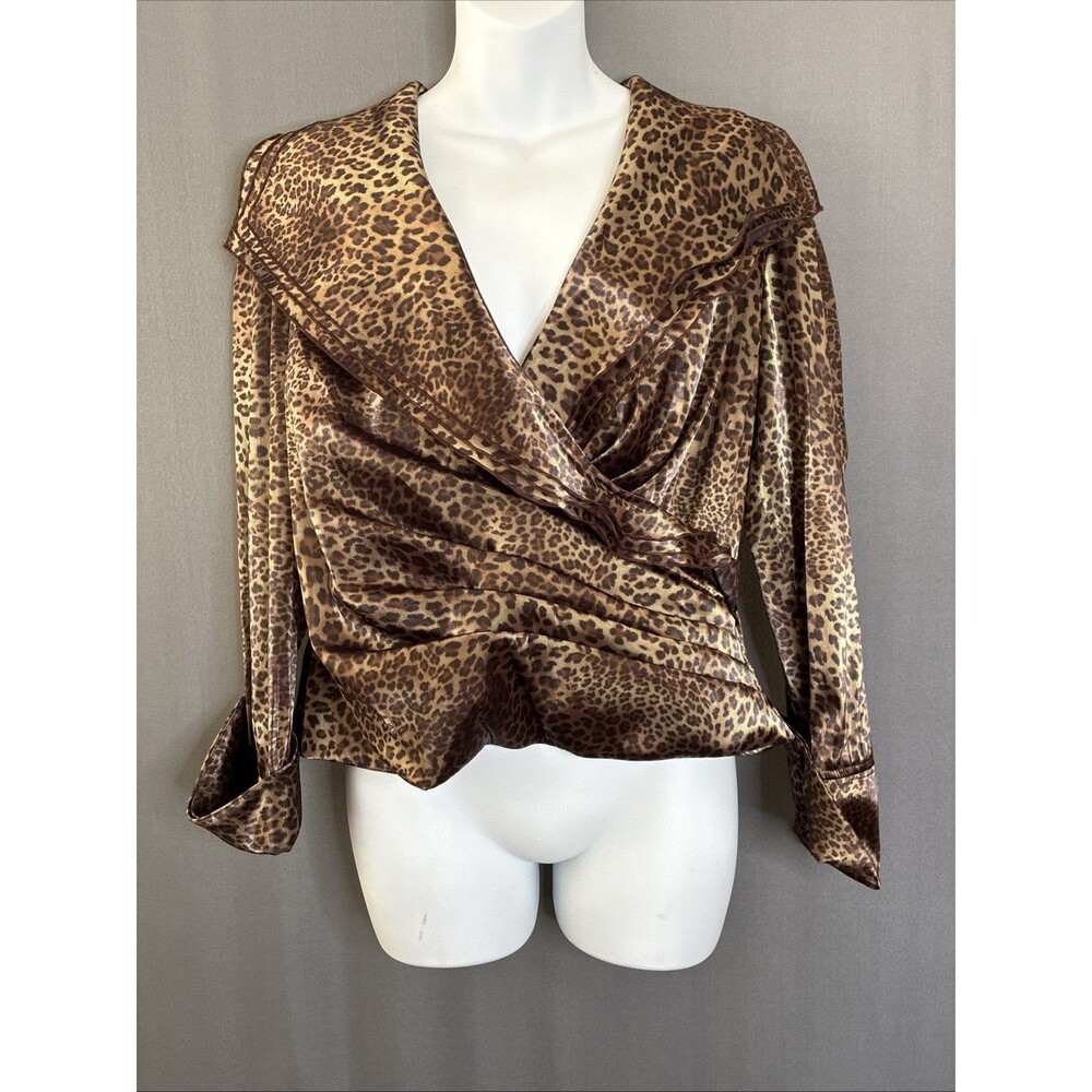 VTG Y2K Cachet Satin Faux Wrap Blouse Sz 14 Leopard Dramatic Statement Romantic